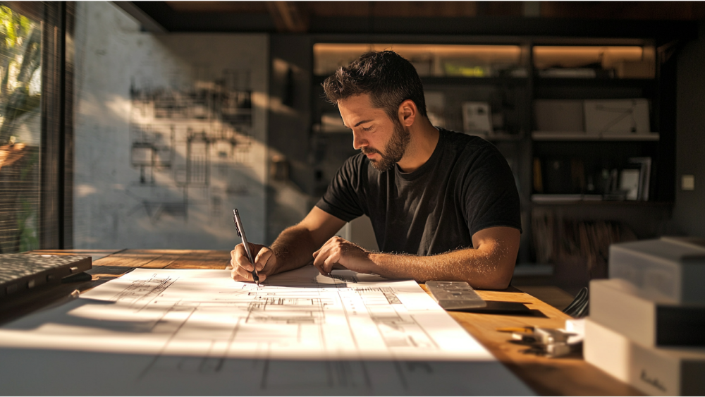 A man going over his ADU blueprint