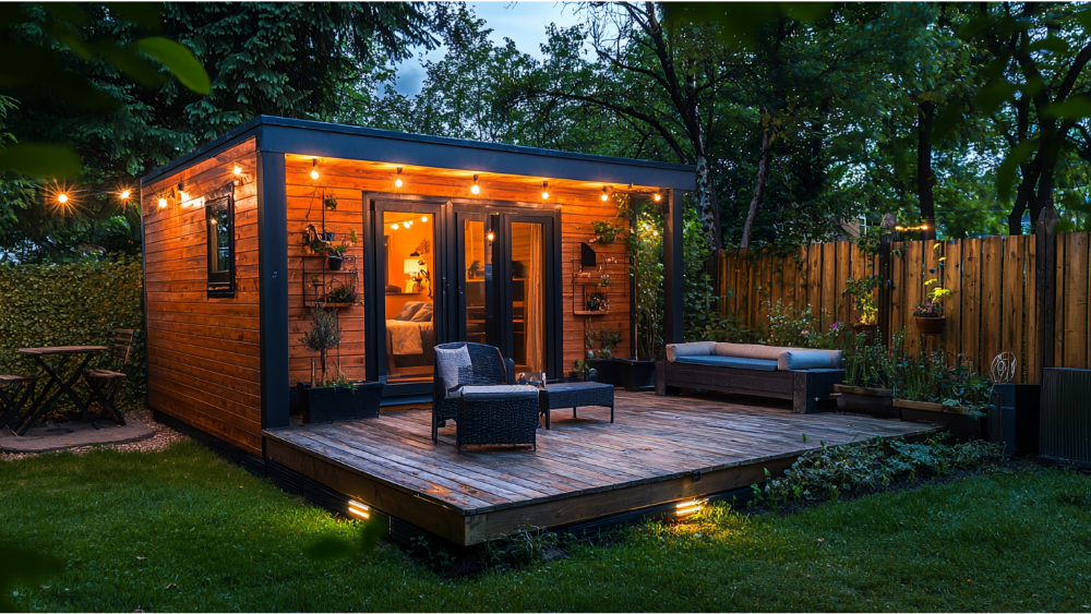 a simple and small adu in a backyard