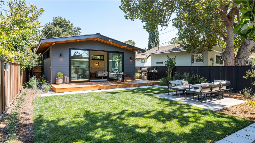 Backyard ADU with wood accents and large sliding doors, featuring a deck, outdoor seating area, and shaded by mature trees and surrounding fences.