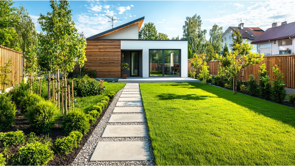 Contemporary ADU with white and wood panel exterior, centered at the end of a stone walkway, surrounded by vibrant greenery and a manicured lawn.