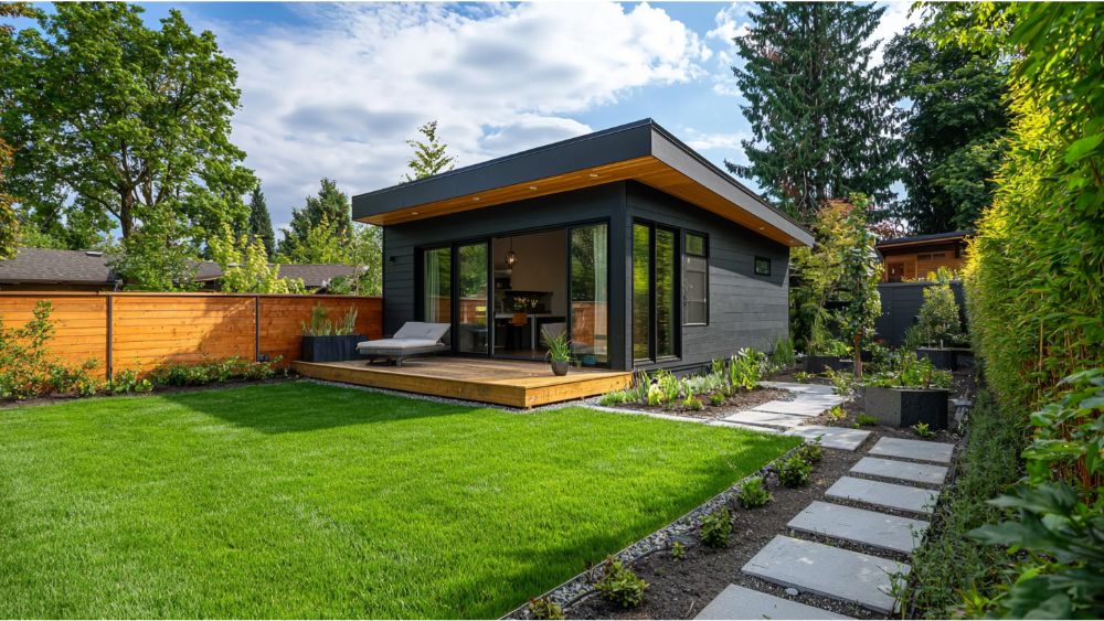 Modern backyard ADU with dark exterior siding, a wooden deck, and large glass sliding doors, surrounded by a landscaped garden and lush lawn.