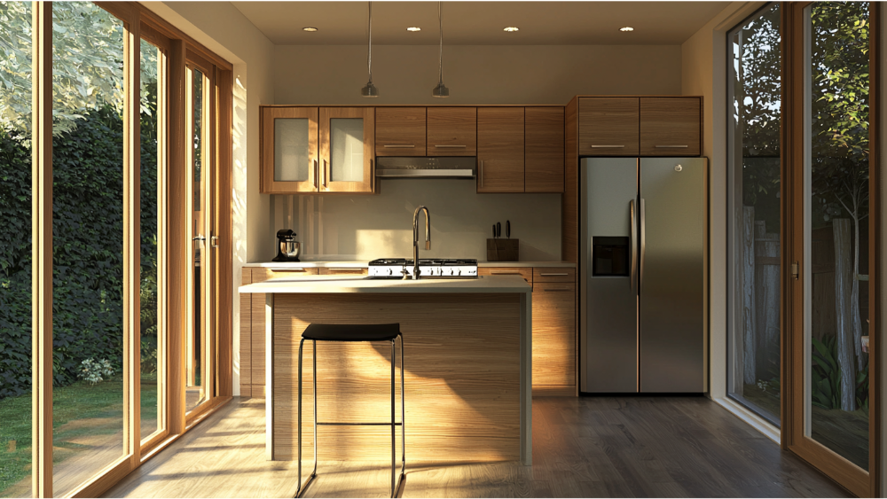 Sunlit ADU kitchen with wood cabinets, stainless steel appliances, and a central island, framed by full-height glass doors opening to a green backyard.