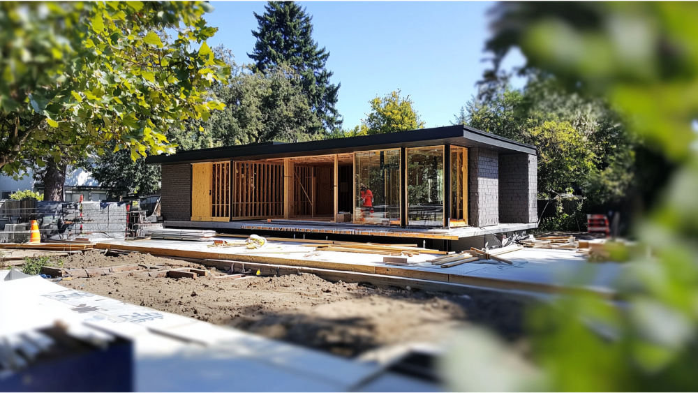 Accessory dwelling unit under construction with exposed framing and open layout.