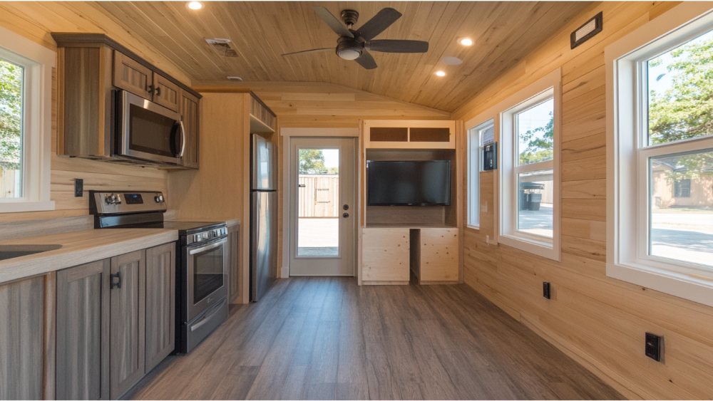 Compact home interior with a full kitchen, ceiling fan, wood-paneled walls, and multiple windows allowing natural light.