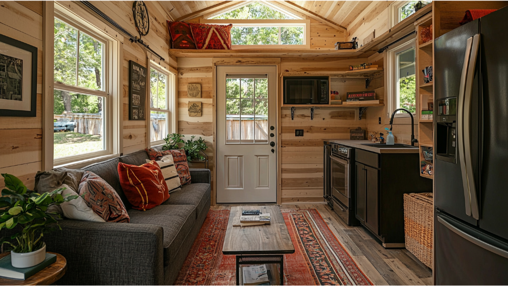 Compact interior of a tiny home with sofa, kitchen, and natural wood design.