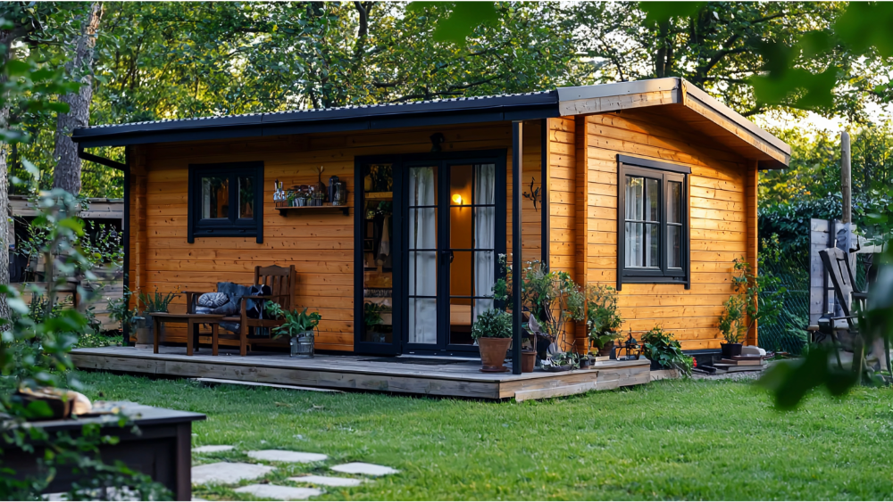 Small wooden cabin with a covered porch, black trim, and potted plants, set in a green backyard with surrounding trees.